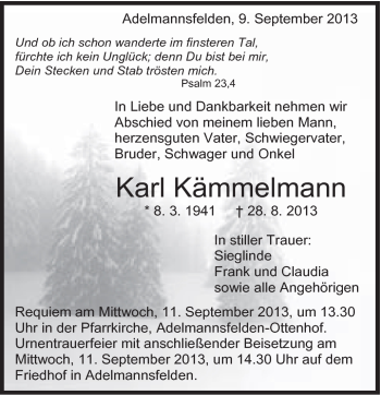 Traueranzeige von Karl Kämmelmann von Schwäbische Post
