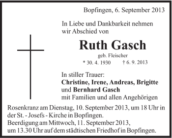 Traueranzeige von Ruth Gasch von Schwäbische Post