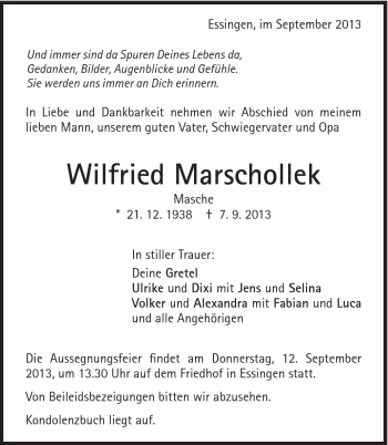 Traueranzeige von Wilfried Marschollek von Schwäbische Post