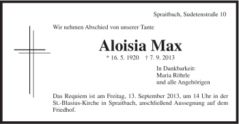 Traueranzeige von Aloisia Max von Gmünder Tagespost