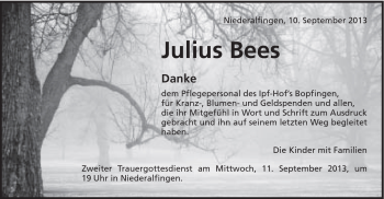 Traueranzeige von Julius Bees von Schwäbische Post