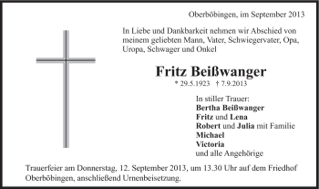 Traueranzeige von Fritz Beißwanger von Gmünder Tagespost