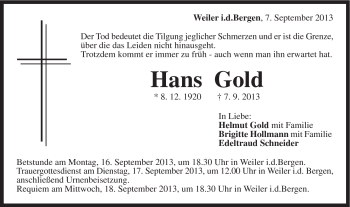 Traueranzeige von Hans Gold von Gmünder Tagespost