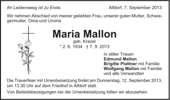 Traueranzeige von Maria Mallon von Gmünder Tagespost