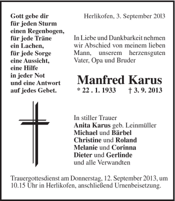 Traueranzeige von Manfred Karus von Gmünder Tagespost