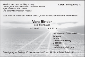 Traueranzeige von Vera Binder von Gmünder Tagespost