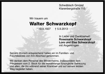 Traueranzeige von Walter Schwarzkopf von Gmünder Tagespost