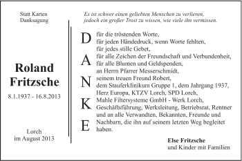 Traueranzeige von Roland Fritzsche von Gmünder Tagespost