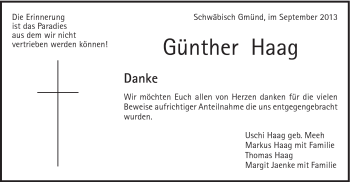 Traueranzeige von Haag Günther von Gmünder Tagespost
