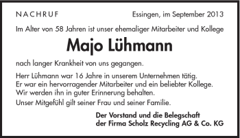 Traueranzeige von Majo Lühmann von Schwäbische Post