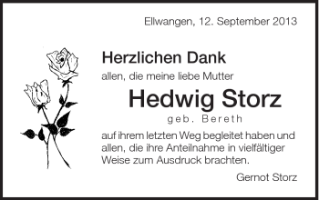 Traueranzeige von Hedwig Storz von Schwäbische Post