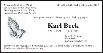 Traueranzeige von Karl Beck von Gmünder Tagespost