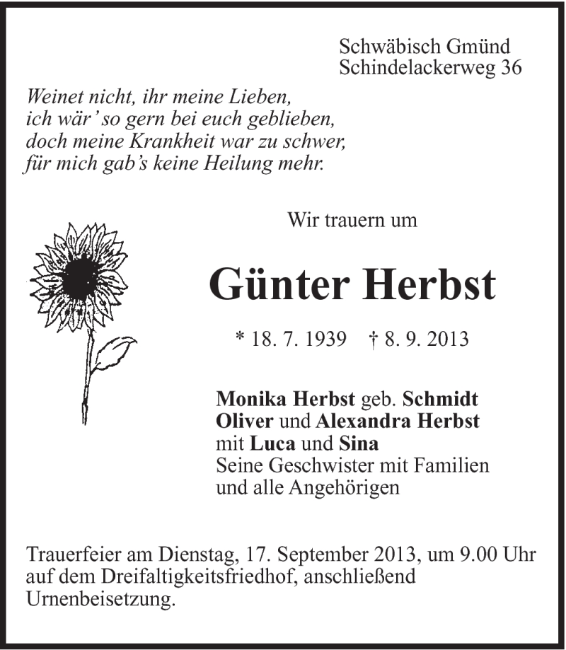  Traueranzeige für Günter Herbst vom 12.09.2013 aus Gmünder Tagespost