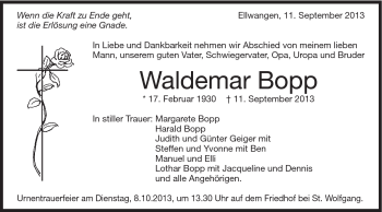 Traueranzeige von Waldemar Bopp von Schwäbische Post
