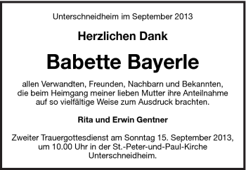 Traueranzeige von Babette Bayerle von Schwäbische Post