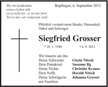 Traueranzeige von Siegfried Grosser von Schwäbische Post