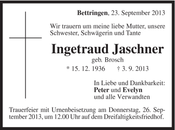 Traueranzeige von Ingetraud Jaschner von Gmünder Tagespost