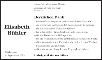 Traueranzeige von Elisabeth Bühler von Gmünder Tagespost