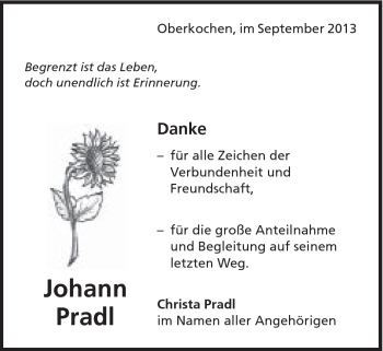 Traueranzeige von Johann Pradl von Schwäbische Post
