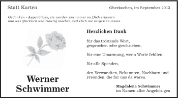 Traueranzeige von Werner Schwimmer von Schwäbische Post