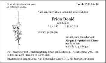 Traueranzeige von Frida Donie von Gmünder Tagespost