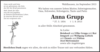 Traueranzeige von Anna Grupp von Schwäbische Post