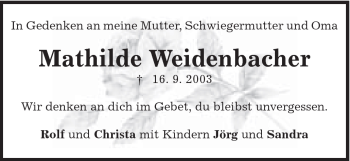 Traueranzeige von Mathilde Weidenbacher von Schwäbische Post
