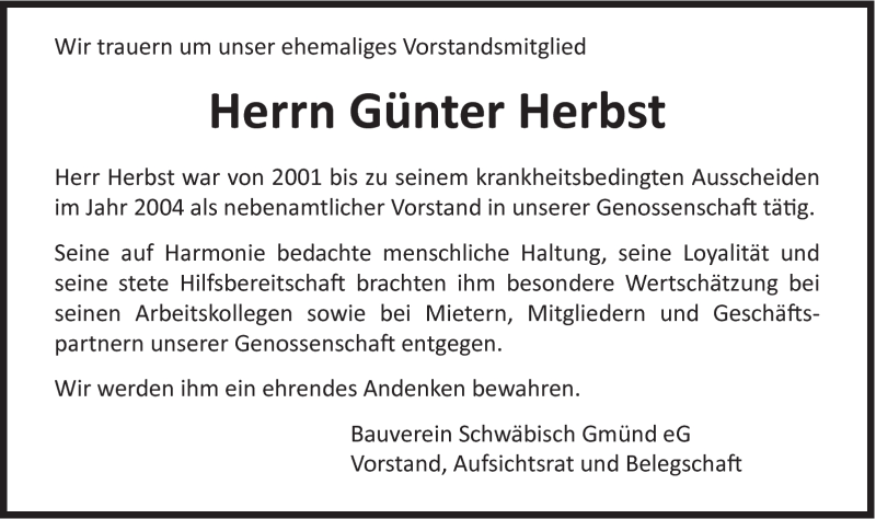  Traueranzeige für Günter Herbst vom 14.09.2013 aus Gmünder Tagespost