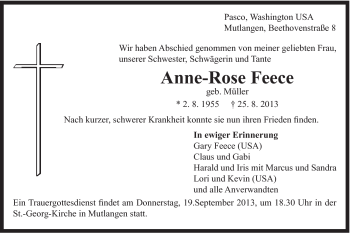 Traueranzeige von Anne-Rose Feece von Gmünder Tagespost