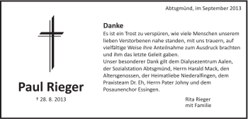 Traueranzeige von Paul Rieger von Schwäbische Post