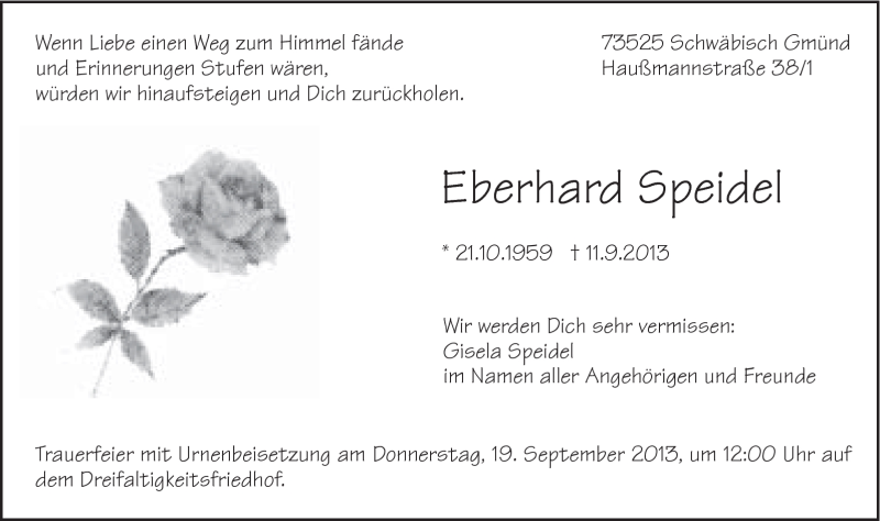  Traueranzeige für Eberhard Speidel vom 14.09.2013 aus Gmünder Tagespost