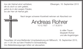 Traueranzeige von Andreas Rohrer von Schwäbische Post