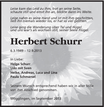 Traueranzeige von Herbert Schurr von Gmünder Tagespost