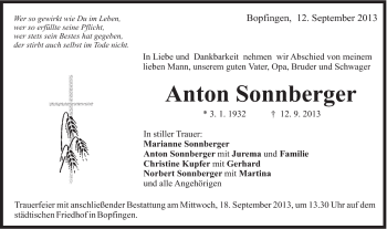 Traueranzeige von Anton Sonnberger von Schwäbische Post