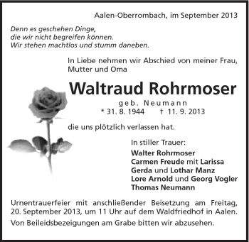 Traueranzeige von Waltraud Rohrmoser von Schwäbische Post