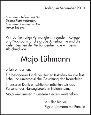 Traueranzeige von Majo Lühmann von Schwäbische Post