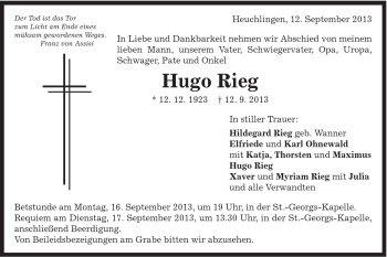 Traueranzeige von Hugo Rieg von Gmünder Tagespost