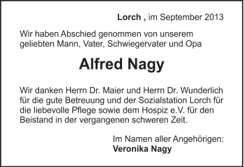 Traueranzeige von Alfred Nagy von Gmünder Tagespost