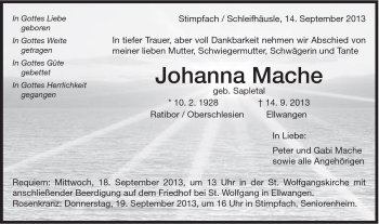 Traueranzeige von Johanna Mache von Schwäbische Post