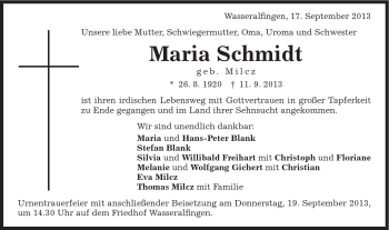 Traueranzeige von Maria Schmidt von Schwäbische Post