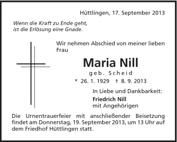 Traueranzeige von Maria Nill von Schwäbische Post