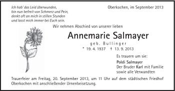 Traueranzeige von Annemarie Salmayer von Schwäbische Post