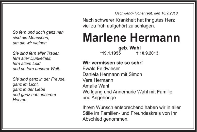  Traueranzeige für Marlene Hermann vom 17.09.2013 aus Gmünder Tagespost