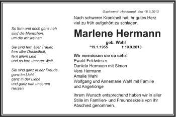 Traueranzeige von Marlene Hermann von Gmünder Tagespost
