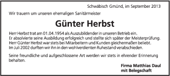 Traueranzeige von Günter Herbst von Gmünder Tagespost