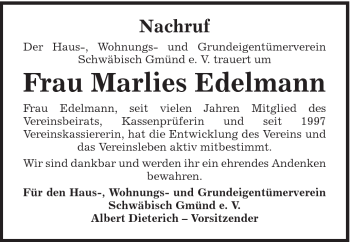 Traueranzeige von Marlies Edelmann von Gmünder Tagespost