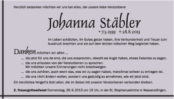 Traueranzeige von Johanna Stäbler von Schwäbische Post