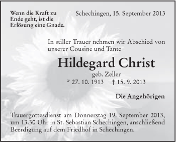 Traueranzeige von Hildegard Christ von Gmünder Tagespost