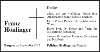 Traueranzeige von Franz Hönlinger von Gmünder Tagespost