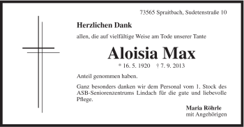 Traueranzeige von Aloisia Max von Gmünder Tagespost